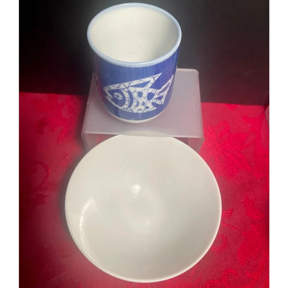 Vintage Cobalt Blue Japanese Sake Cups Rice Bowls Fish Symbols Set of 4 Japan